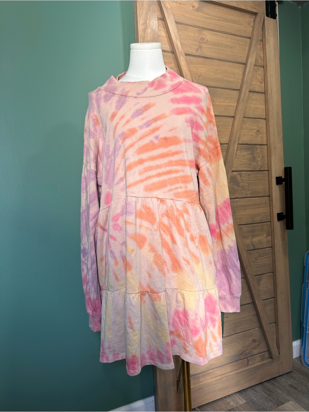 Tie-Dye Tiered Long-Sleeve Dress - Pink, Orange, Purple